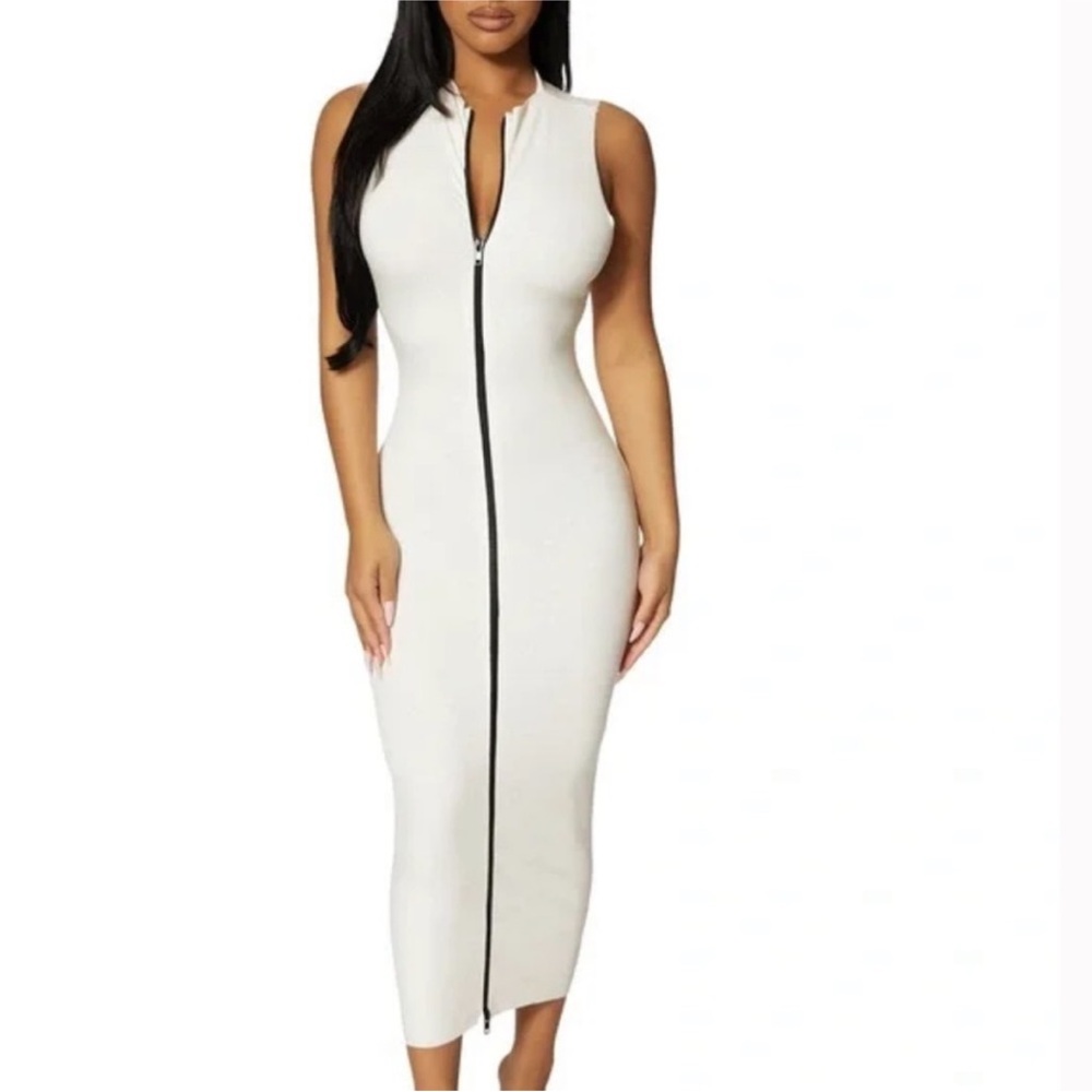 Naked Wardrobe White Zip-Front Midi Dress - never worn
